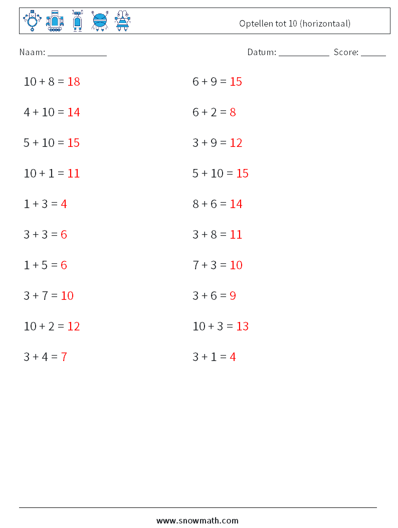 (20) Optellen tot 10 (horizontaal) Wiskundige werkbladen 9 Vraag, Antwoord