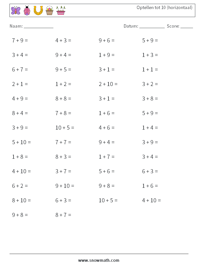(50) Optellen tot 10 (horizontaal) Wiskundige werkbladen 4