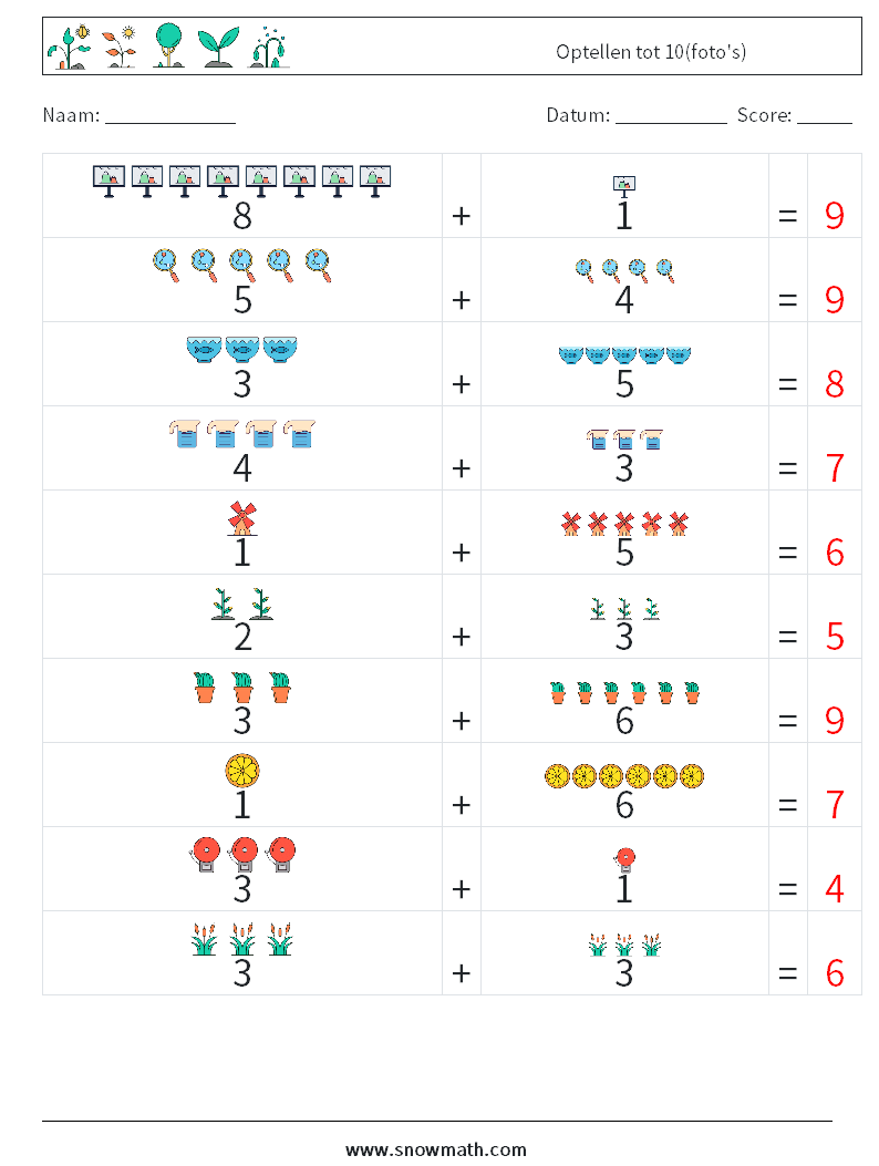 Optellen tot 10(foto's) Wiskundige werkbladen 12 Vraag, Antwoord