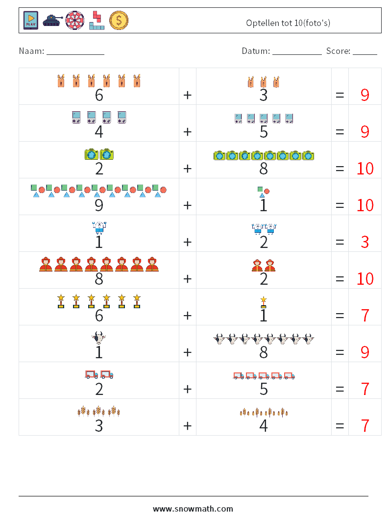 Optellen tot 10(foto's) Wiskundige werkbladen 16 Vraag, Antwoord