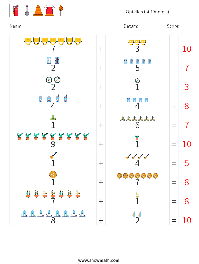 Optellen tot 10(foto's) Wiskundige werkbladen 18 Vraag, Antwoord