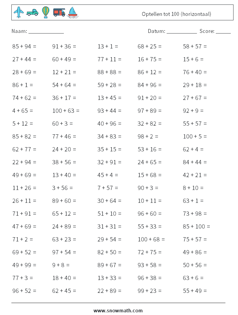 (100) Optellen tot 100 (horizontaal) Wiskundige werkbladen 9