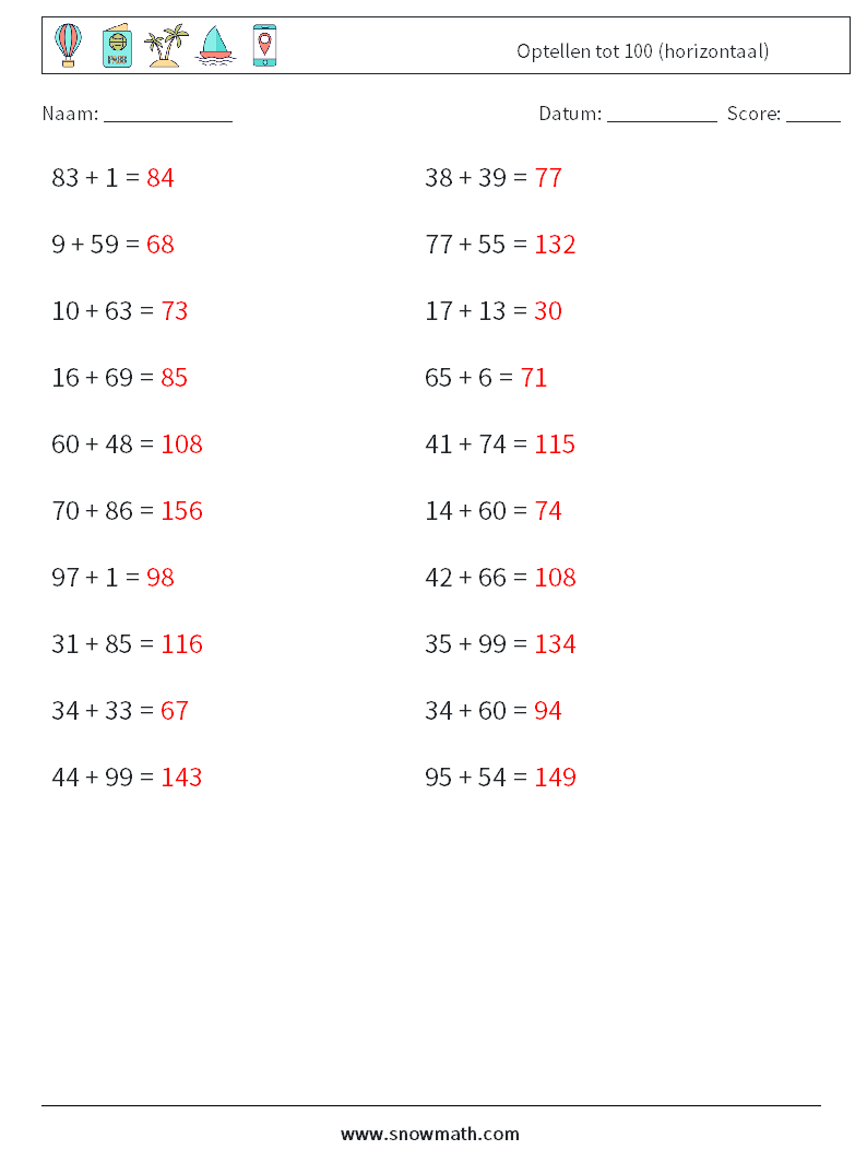 (20) Optellen tot 100 (horizontaal) Wiskundige werkbladen 1 Vraag, Antwoord