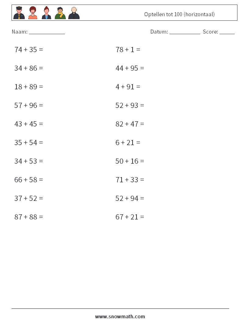 (20) Optellen tot 100 (horizontaal) Wiskundige werkbladen 2
