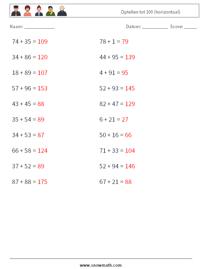 (20) Optellen tot 100 (horizontaal) Wiskundige werkbladen 2 Vraag, Antwoord