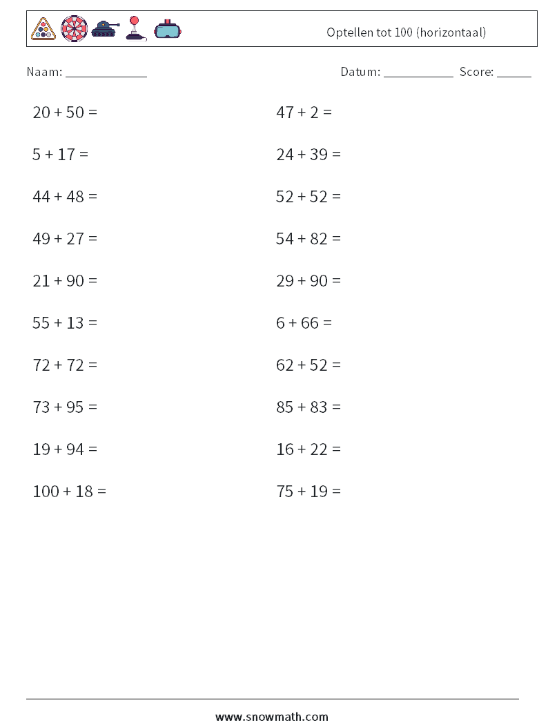(20) Optellen tot 100 (horizontaal) Wiskundige werkbladen 3