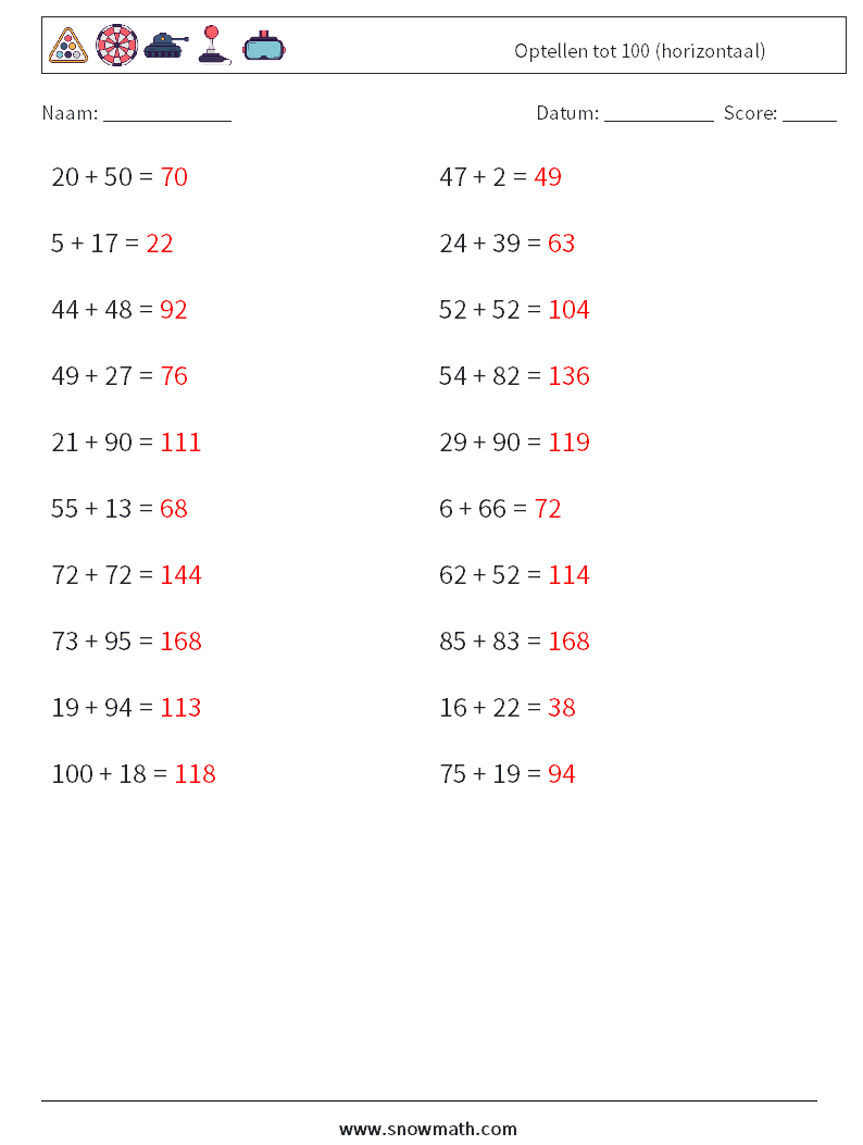 (20) Optellen tot 100 (horizontaal) Wiskundige werkbladen 3 Vraag, Antwoord