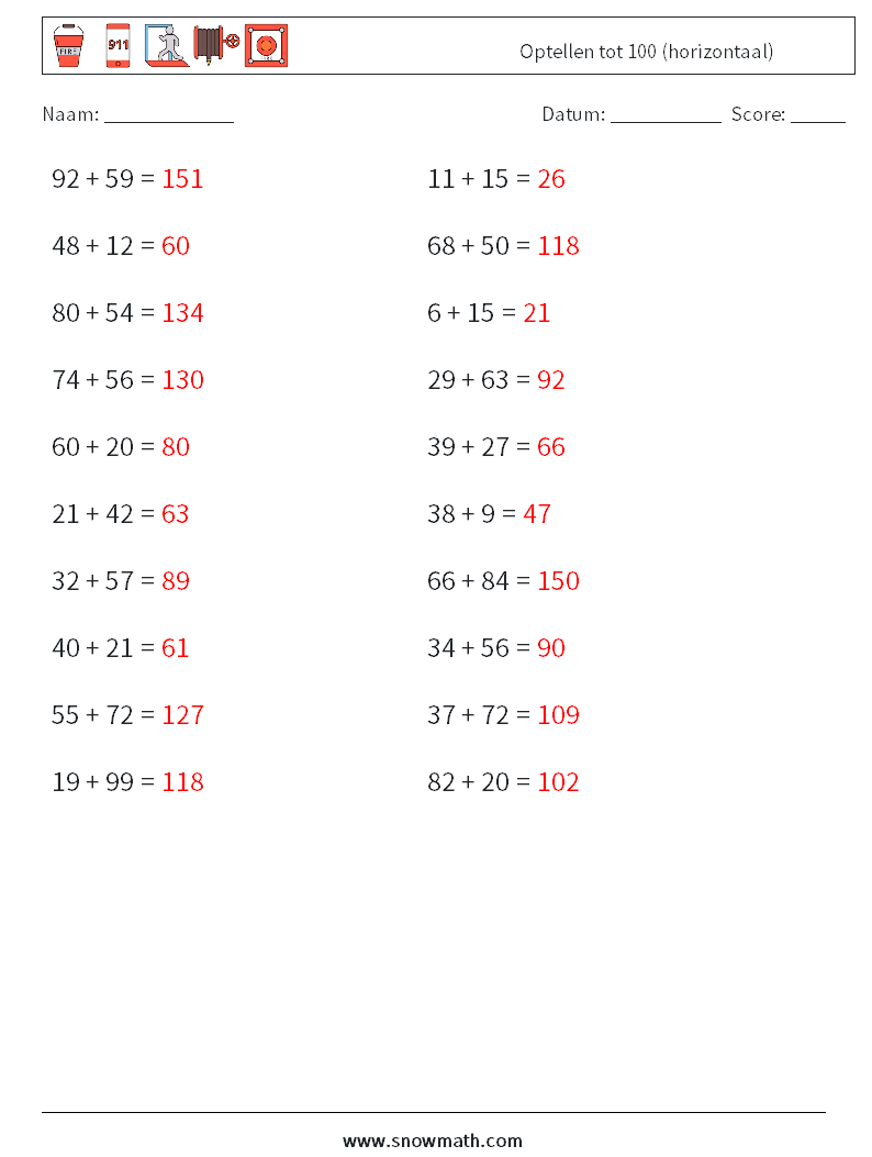 (20) Optellen tot 100 (horizontaal) Wiskundige werkbladen 5 Vraag, Antwoord