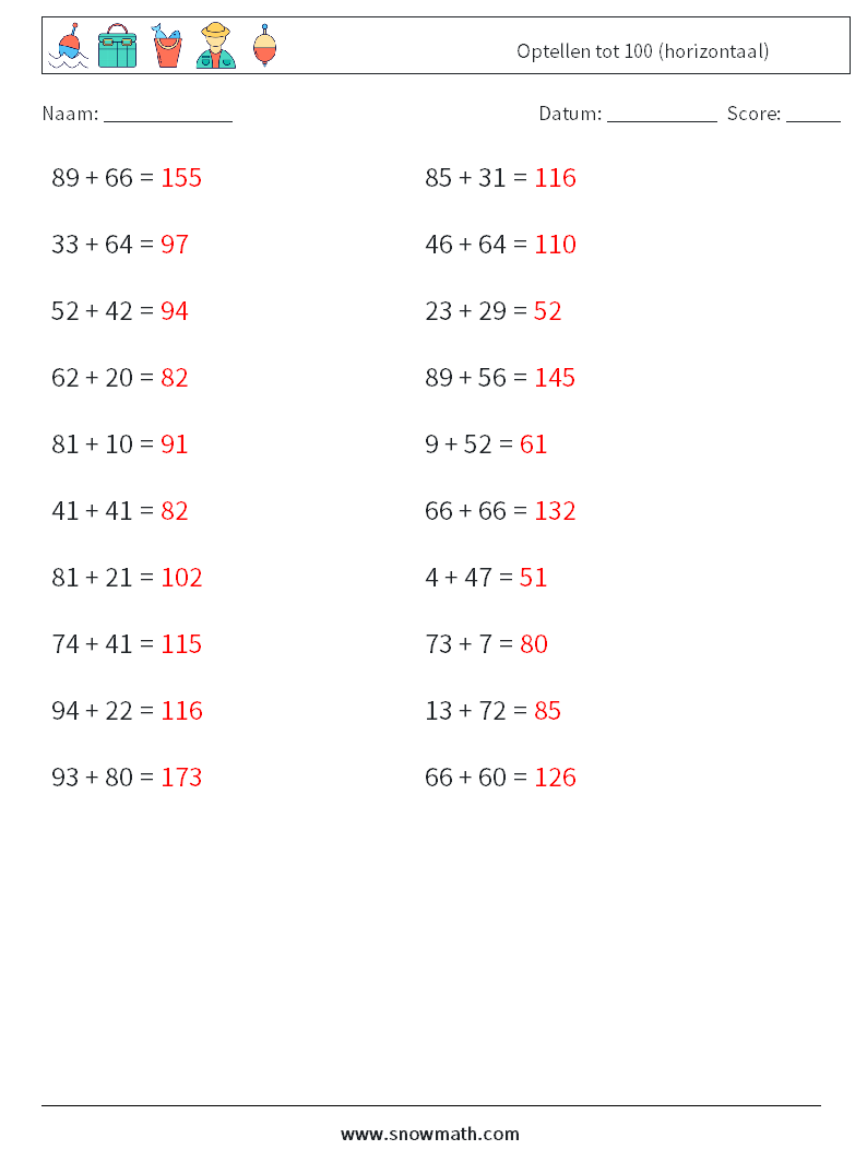 (20) Optellen tot 100 (horizontaal) Wiskundige werkbladen 6 Vraag, Antwoord