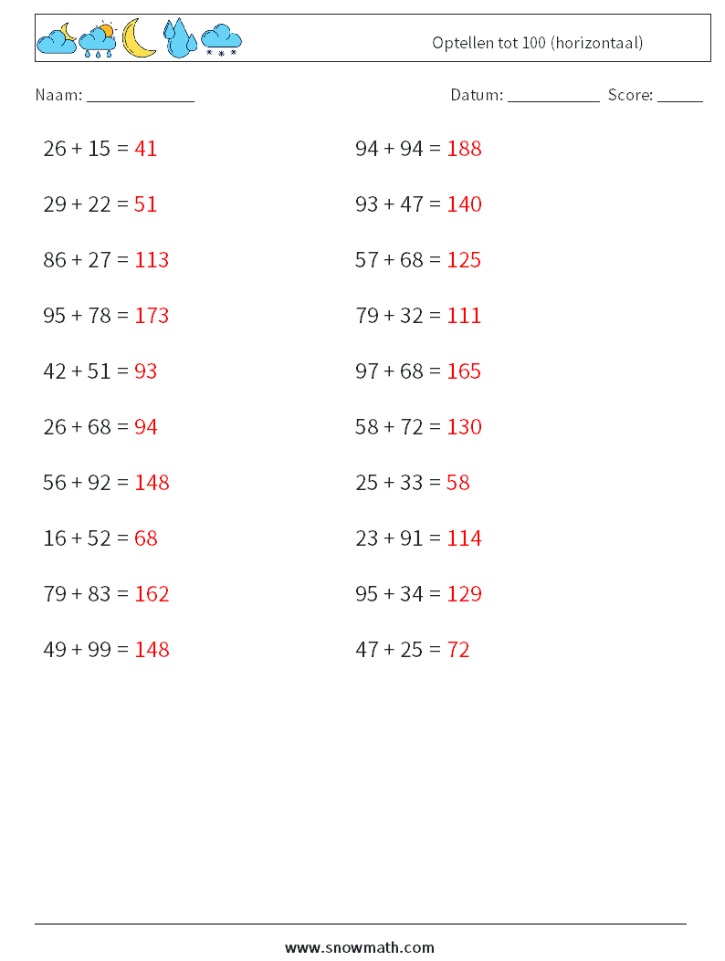 (20) Optellen tot 100 (horizontaal) Wiskundige werkbladen 8 Vraag, Antwoord