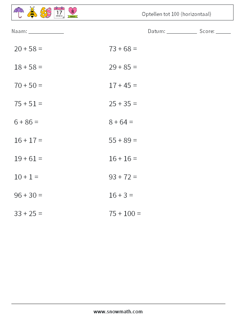 (20) Optellen tot 100 (horizontaal) Wiskundige werkbladen 9