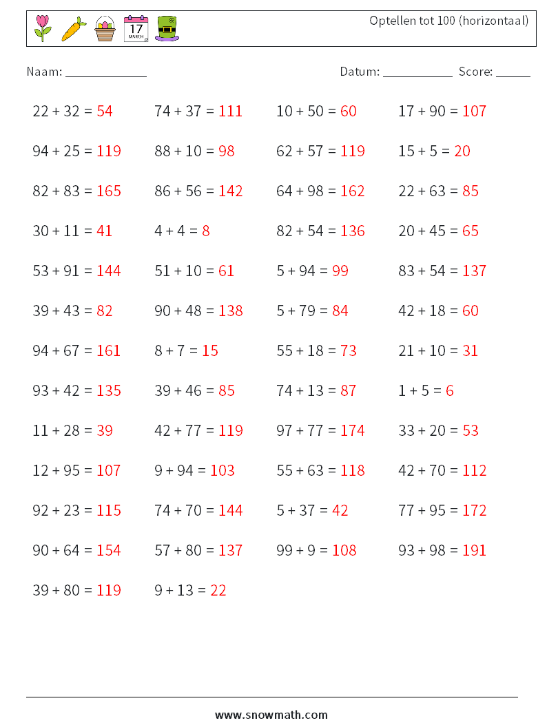 (50) Optellen tot 100 (horizontaal) Wiskundige werkbladen 1 Vraag, Antwoord