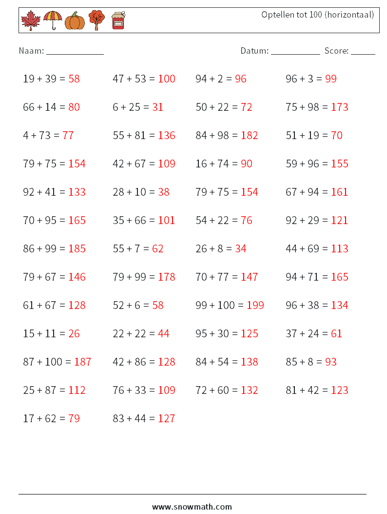 (50) Optellen tot 100 (horizontaal) Wiskundige werkbladen 2 Vraag, Antwoord
