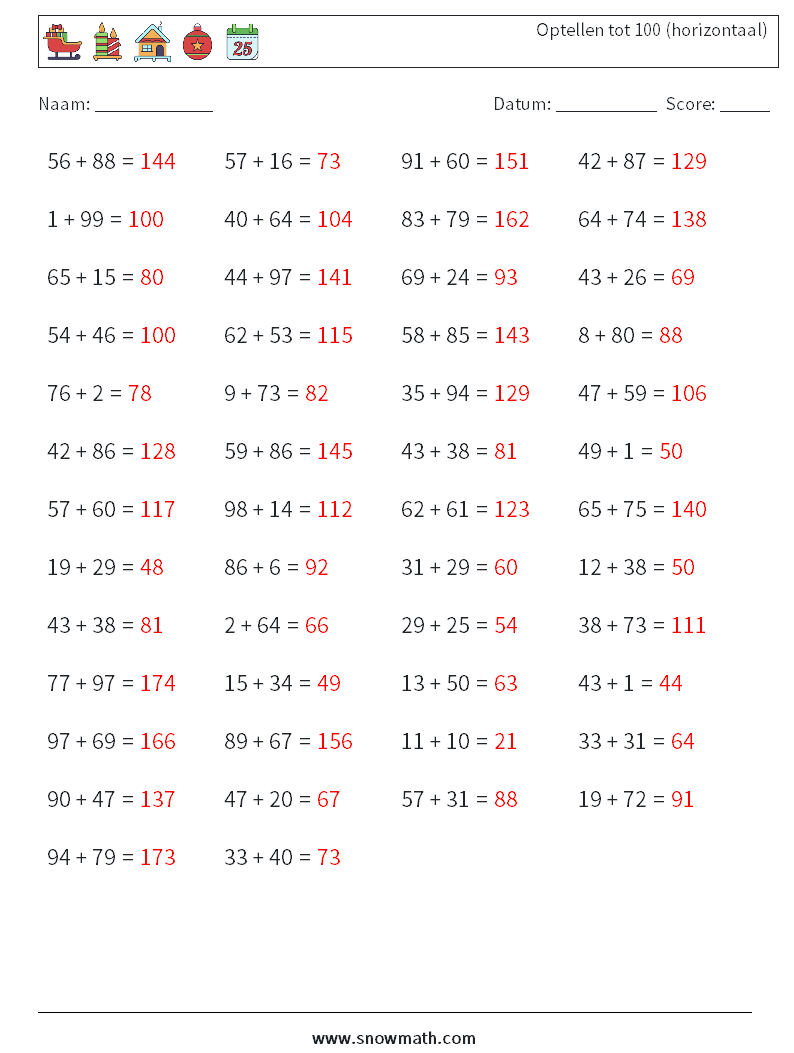 (50) Optellen tot 100 (horizontaal) Wiskundige werkbladen 4 Vraag, Antwoord