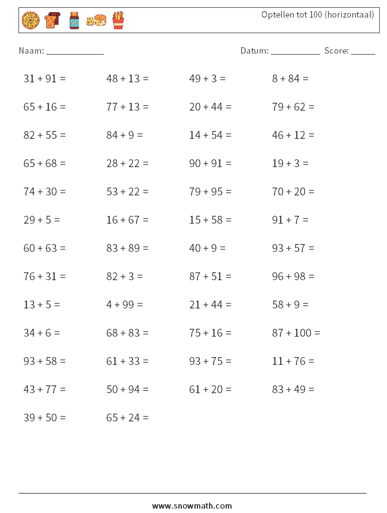 (50) Optellen tot 100 (horizontaal) Wiskundige werkbladen 5