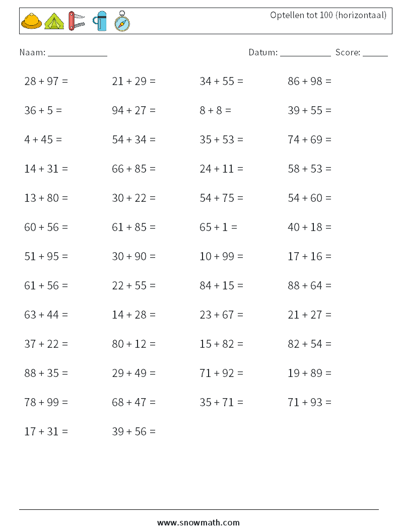 (50) Optellen tot 100 (horizontaal) Wiskundige werkbladen 6