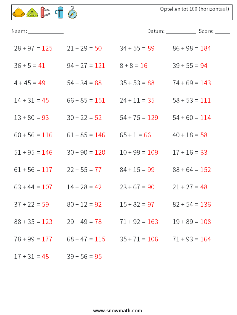 (50) Optellen tot 100 (horizontaal) Wiskundige werkbladen 6 Vraag, Antwoord