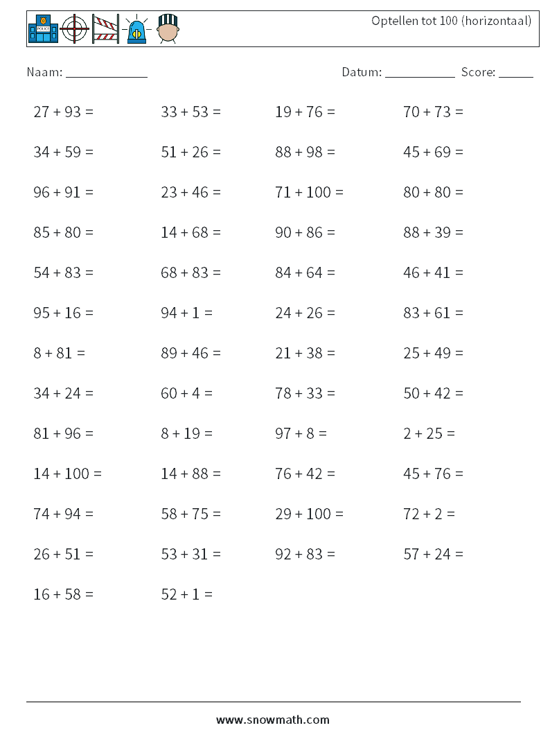 (50) Optellen tot 100 (horizontaal) Wiskundige werkbladen 7