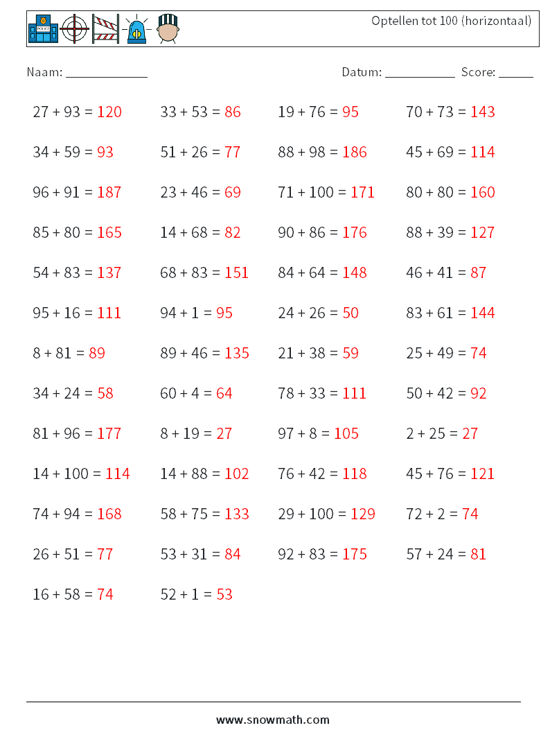 (50) Optellen tot 100 (horizontaal) Wiskundige werkbladen 7 Vraag, Antwoord