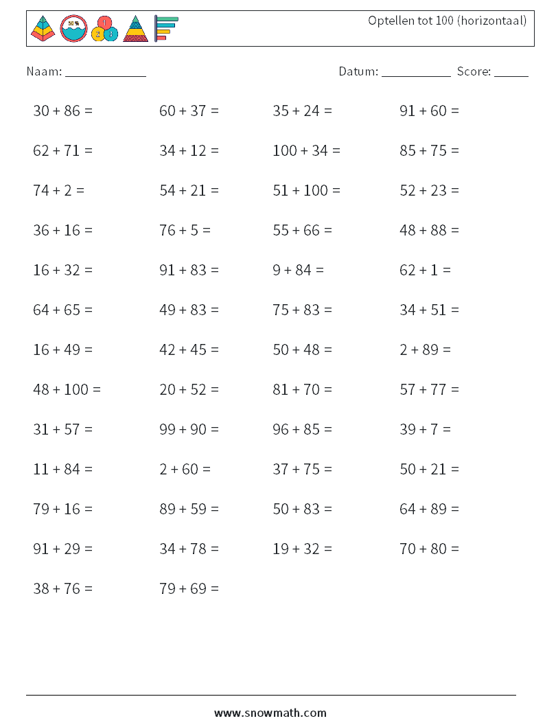 (50) Optellen tot 100 (horizontaal) Wiskundige werkbladen 8
