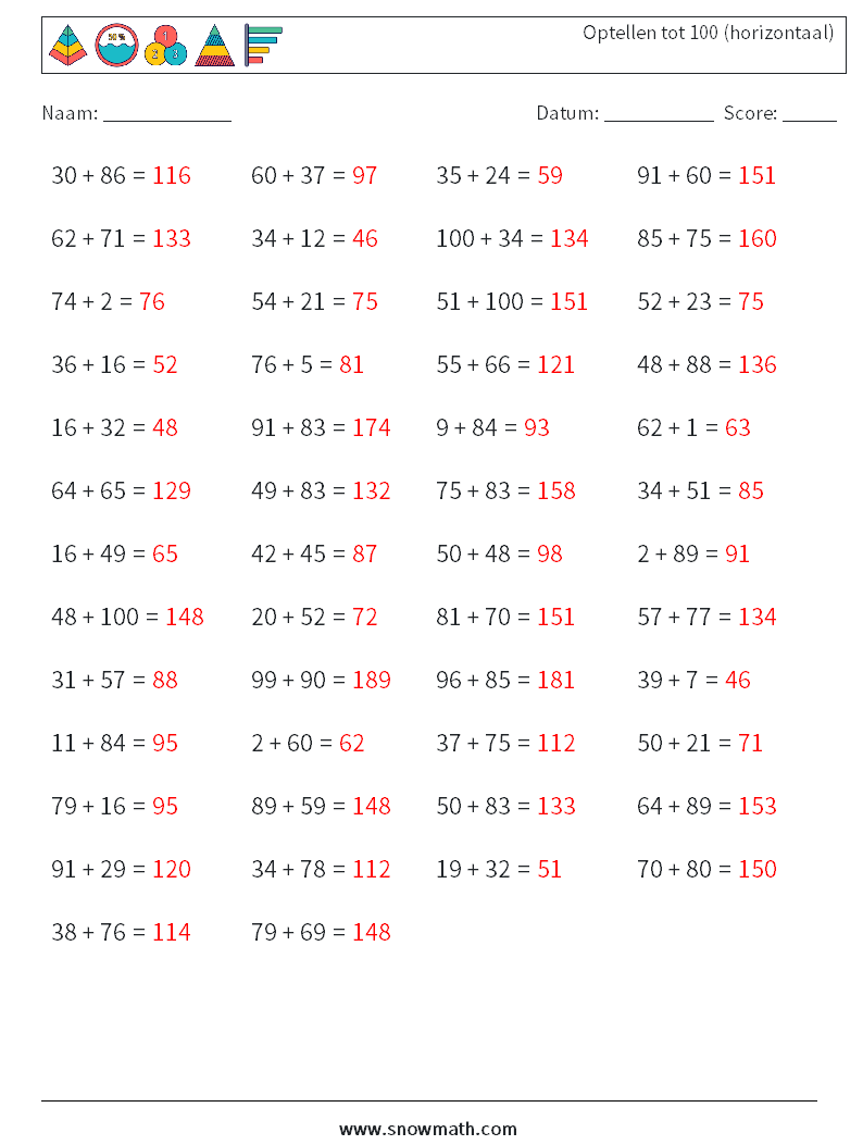 (50) Optellen tot 100 (horizontaal) Wiskundige werkbladen 8 Vraag, Antwoord