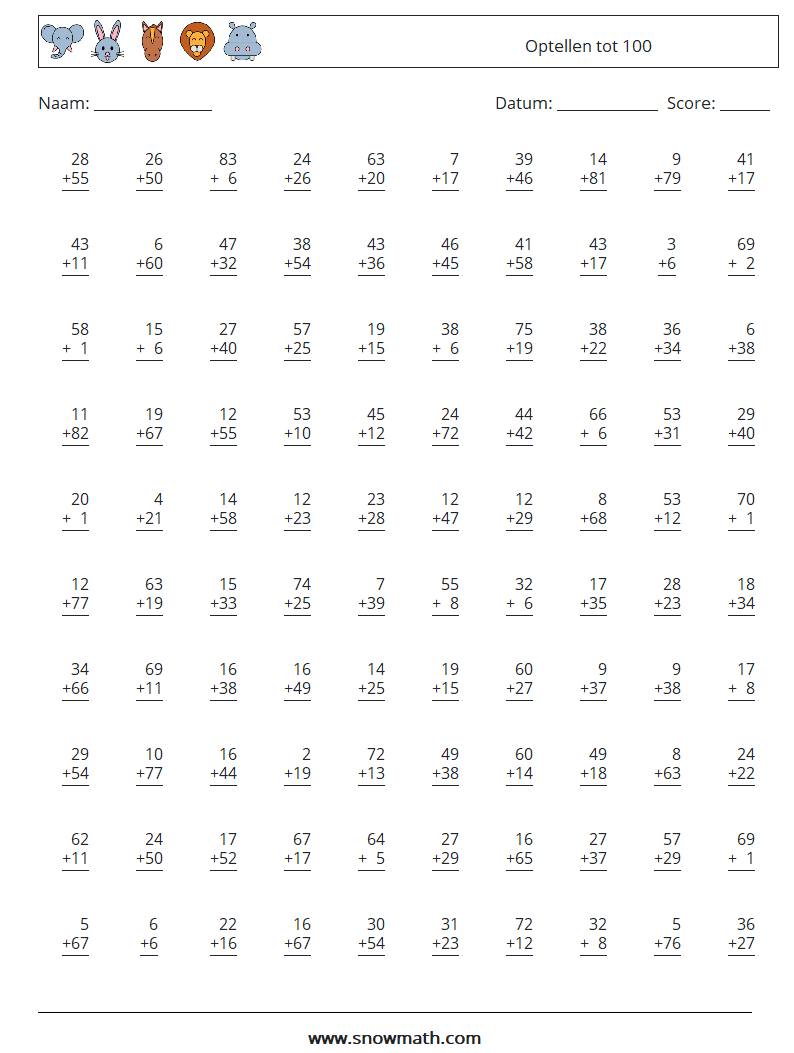 (100) Optellen tot 100 Wiskundige werkbladen 10