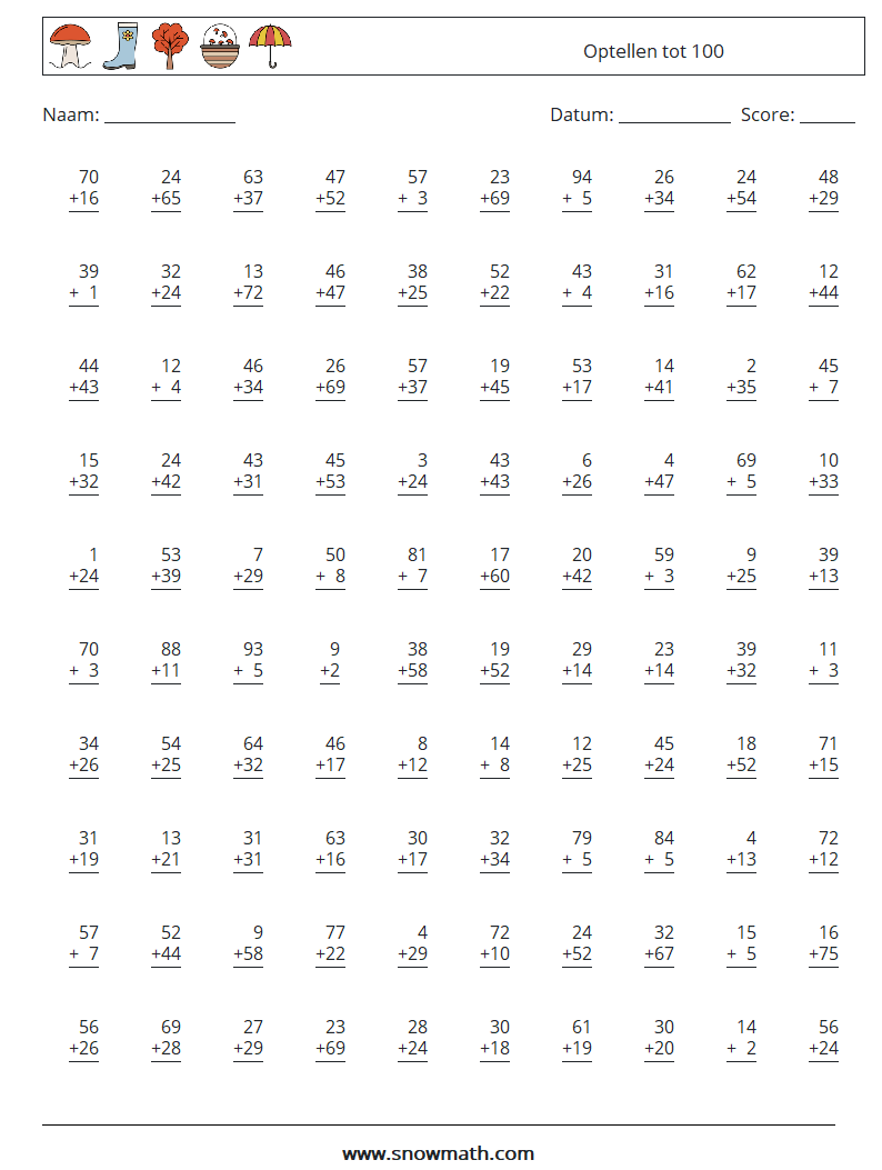 (100) Optellen tot 100 Wiskundige werkbladen 11