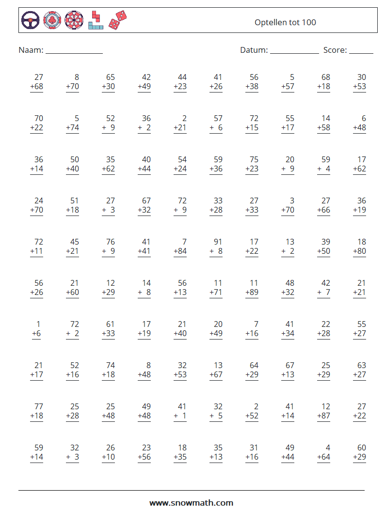 (100) Optellen tot 100 Wiskundige werkbladen 12