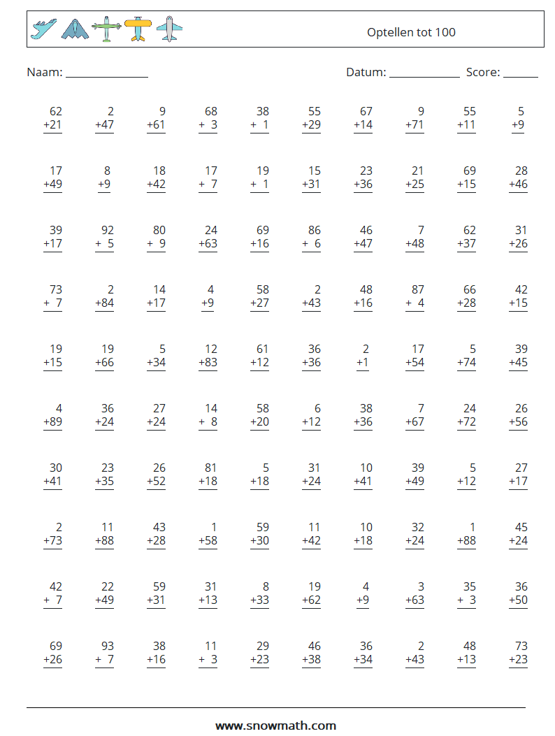 (100) Optellen tot 100 Wiskundige werkbladen 13
