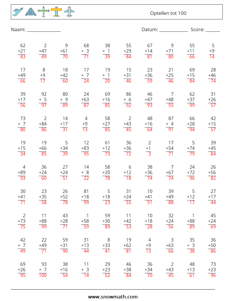 (100) Optellen tot 100 Wiskundige werkbladen 13 Vraag, Antwoord