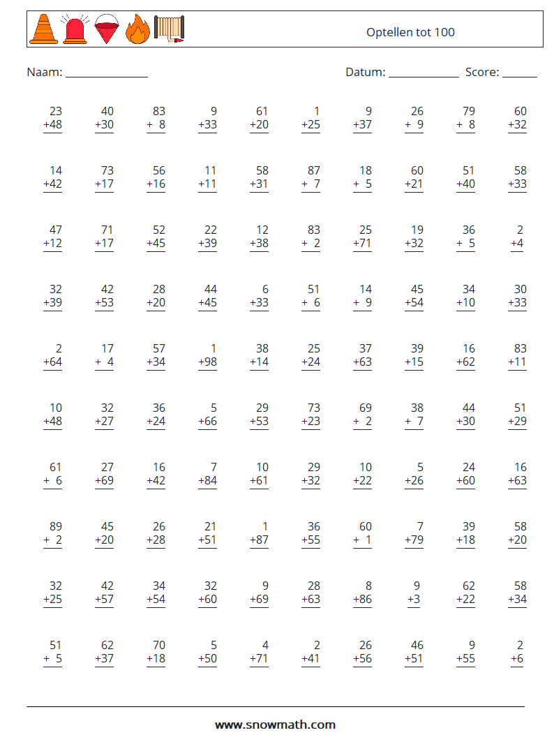 (100) Optellen tot 100 Wiskundige werkbladen 16