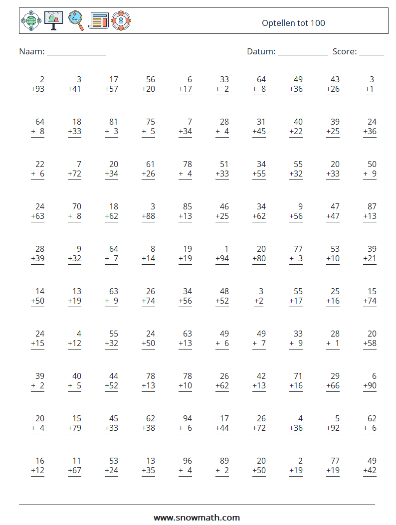 (100) Optellen tot 100 Wiskundige werkbladen 4