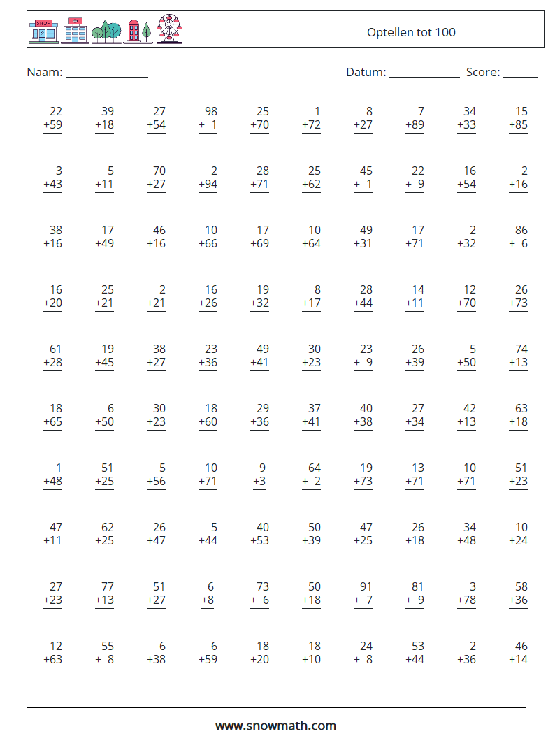 (100) Optellen tot 100 Wiskundige werkbladen 5