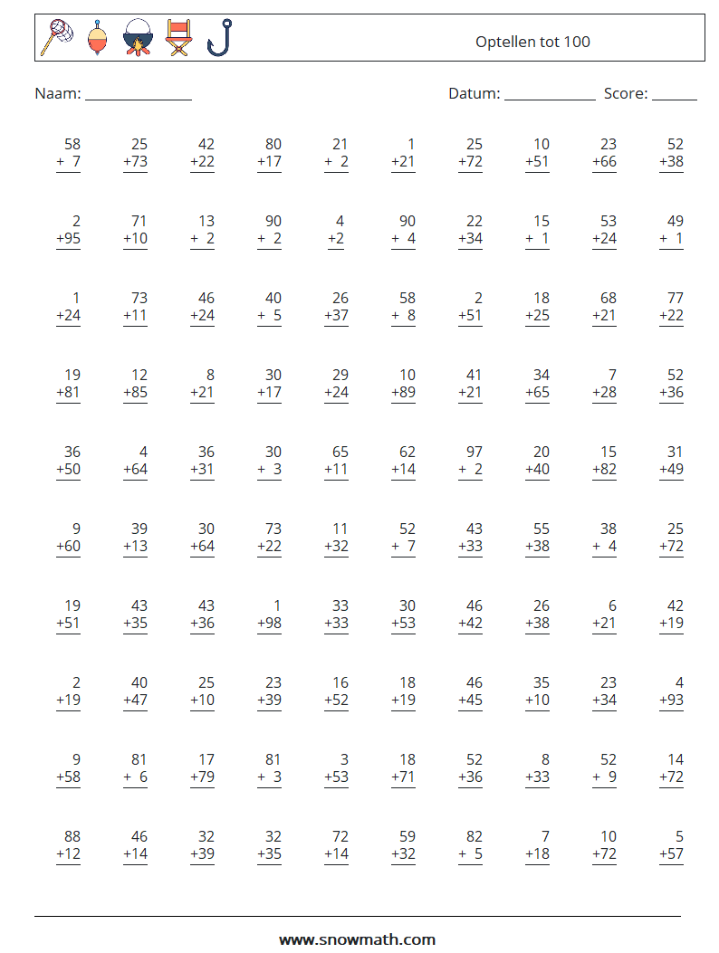 (100) Optellen tot 100 Wiskundige werkbladen 7