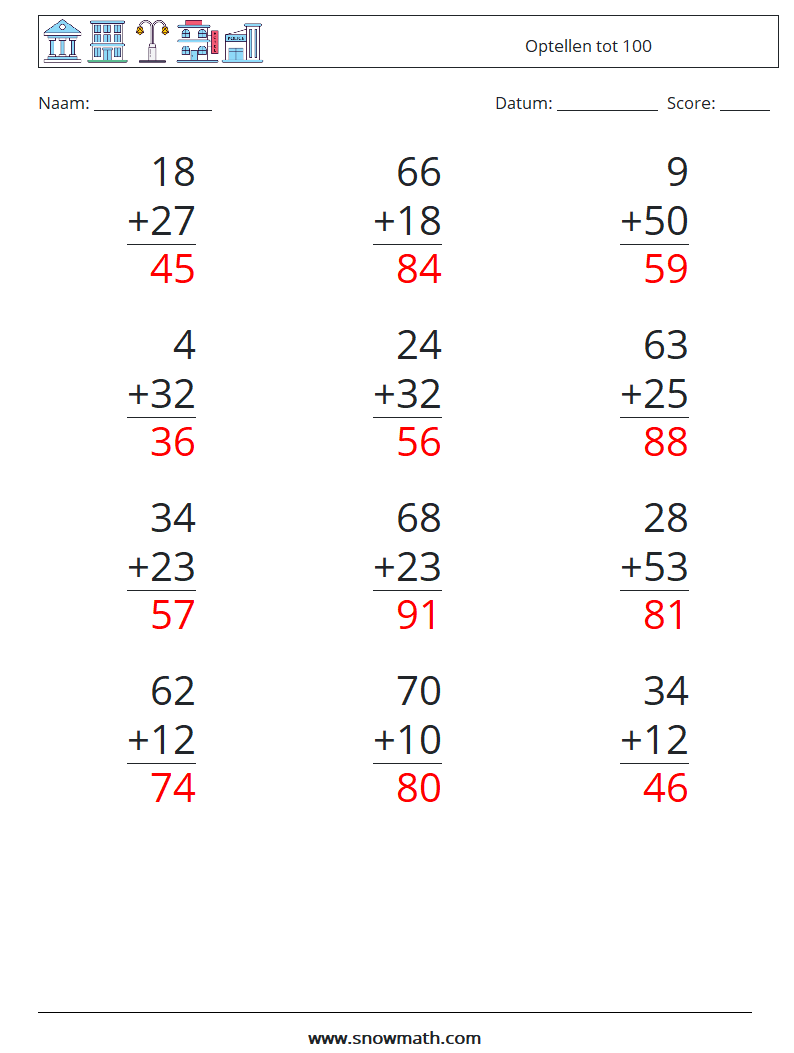 (12) Optellen tot 100 Wiskundige werkbladen 11 Vraag, Antwoord