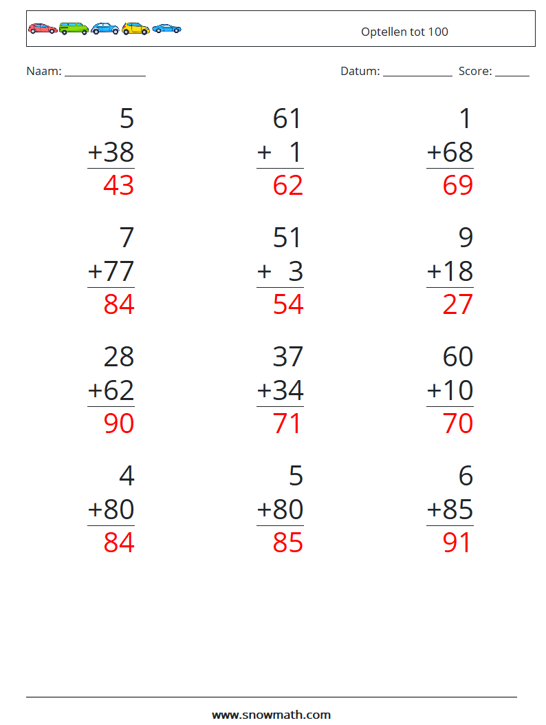 (12) Optellen tot 100 Wiskundige werkbladen 14 Vraag, Antwoord