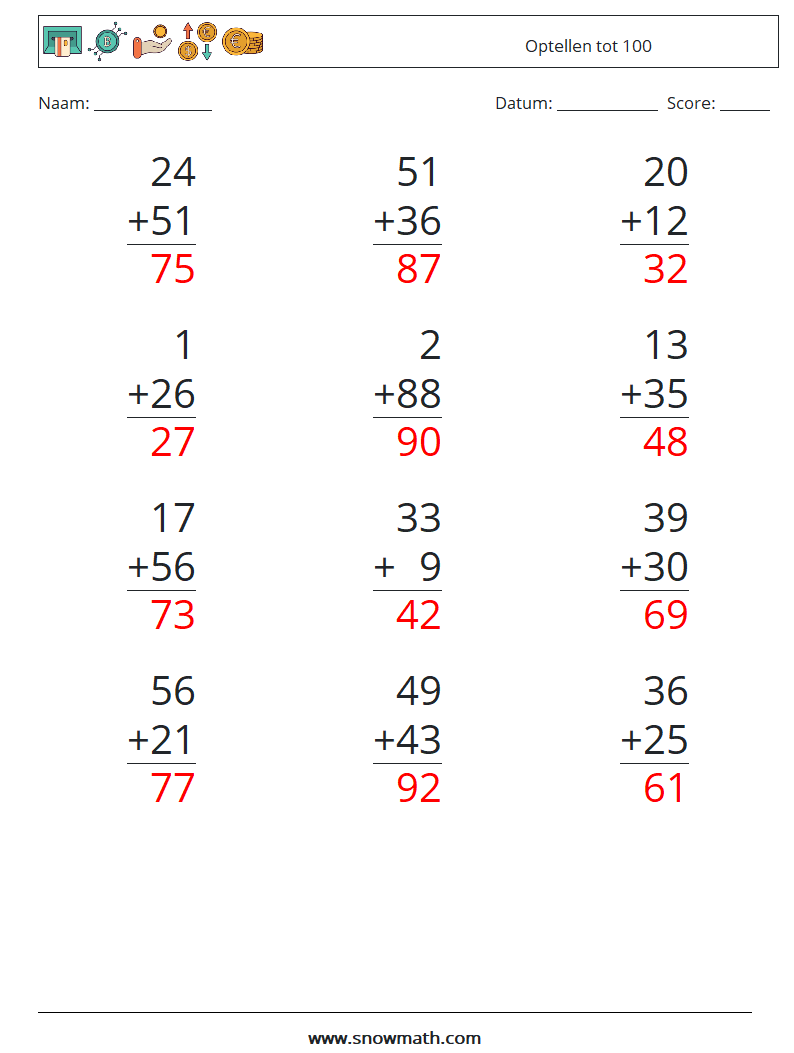 (12) Optellen tot 100 Wiskundige werkbladen 17 Vraag, Antwoord