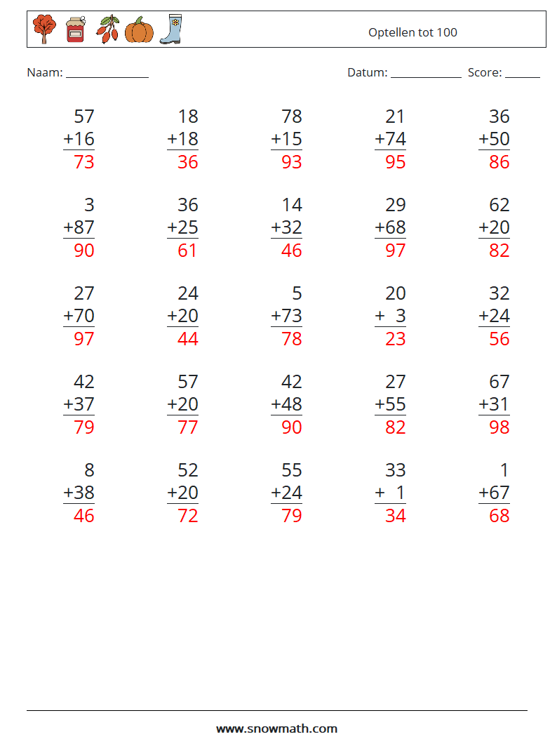 (25) Optellen tot 100 Wiskundige werkbladen 14 Vraag, Antwoord