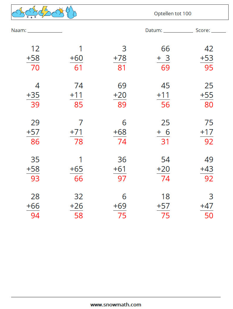 (25) Optellen tot 100 Wiskundige werkbladen 16 Vraag, Antwoord