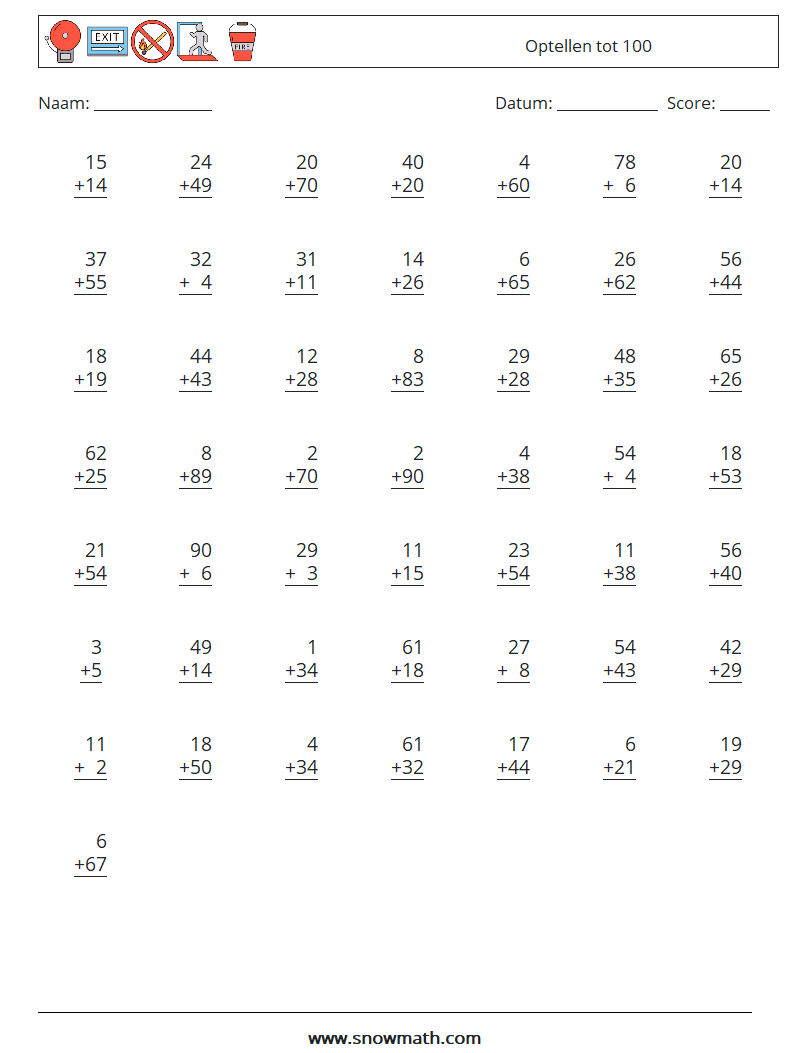 (50) Optellen tot 100 Wiskundige werkbladen 10