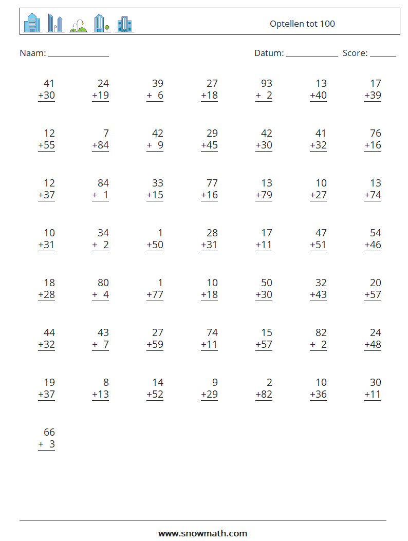 (50) Optellen tot 100 Wiskundige werkbladen 11