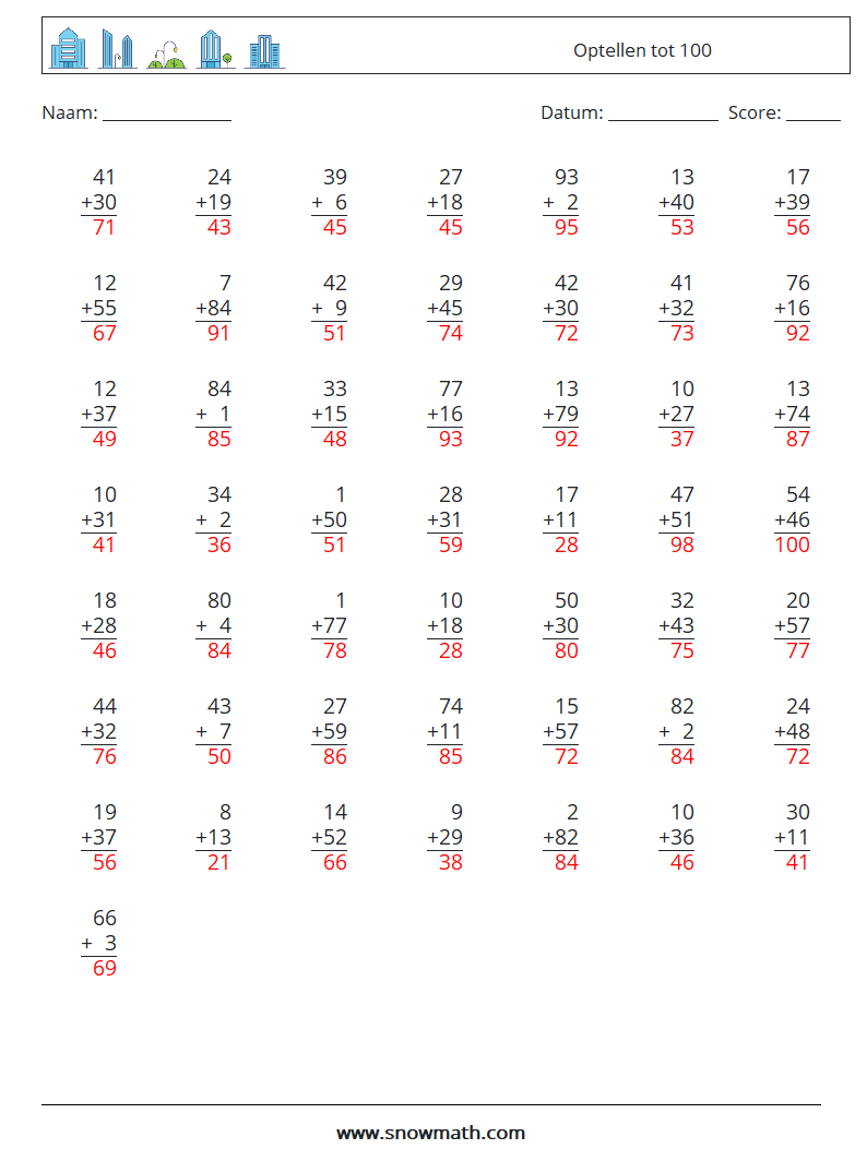 (50) Optellen tot 100 Wiskundige werkbladen 11 Vraag, Antwoord