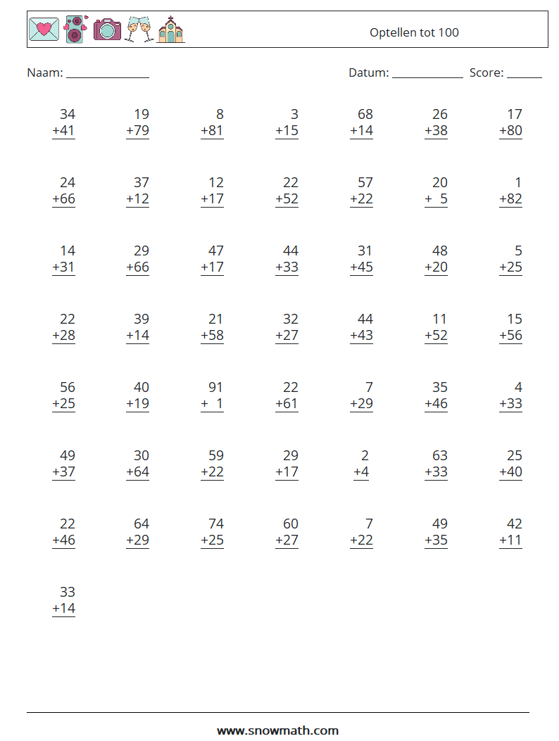 (50) Optellen tot 100 Wiskundige werkbladen 12