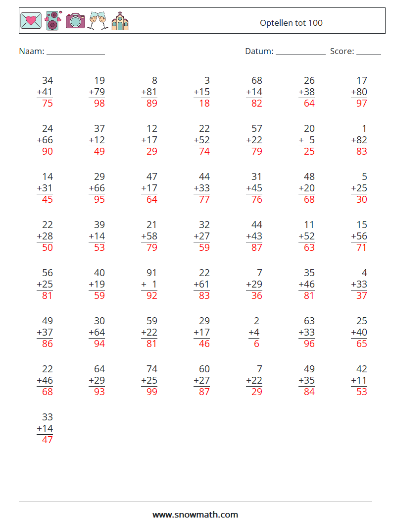 (50) Optellen tot 100 Wiskundige werkbladen 12 Vraag, Antwoord