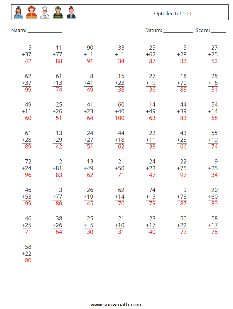 (50) Optellen tot 100 Wiskundige werkbladen 13 Vraag, Antwoord