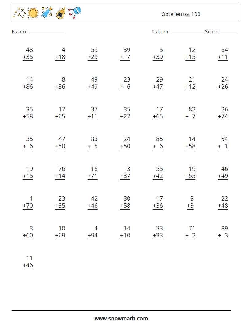 (50) Optellen tot 100 Wiskundige werkbladen 14