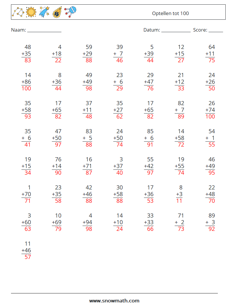 (50) Optellen tot 100 Wiskundige werkbladen 14 Vraag, Antwoord