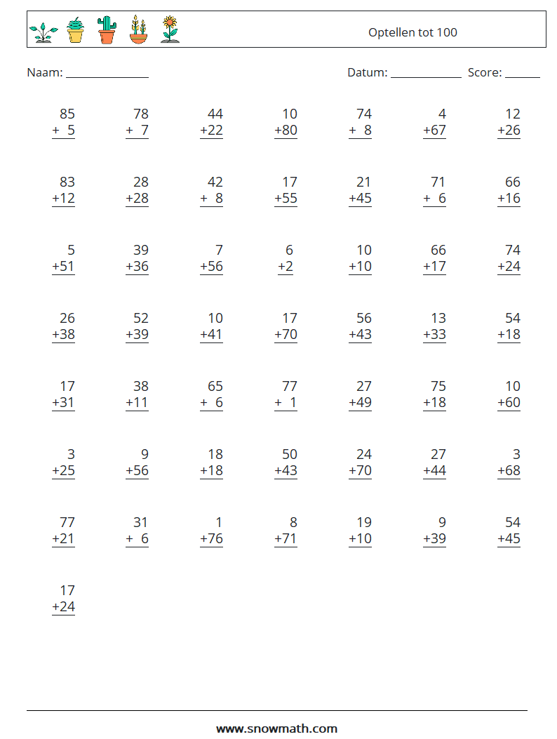 (50) Optellen tot 100 Wiskundige werkbladen 16