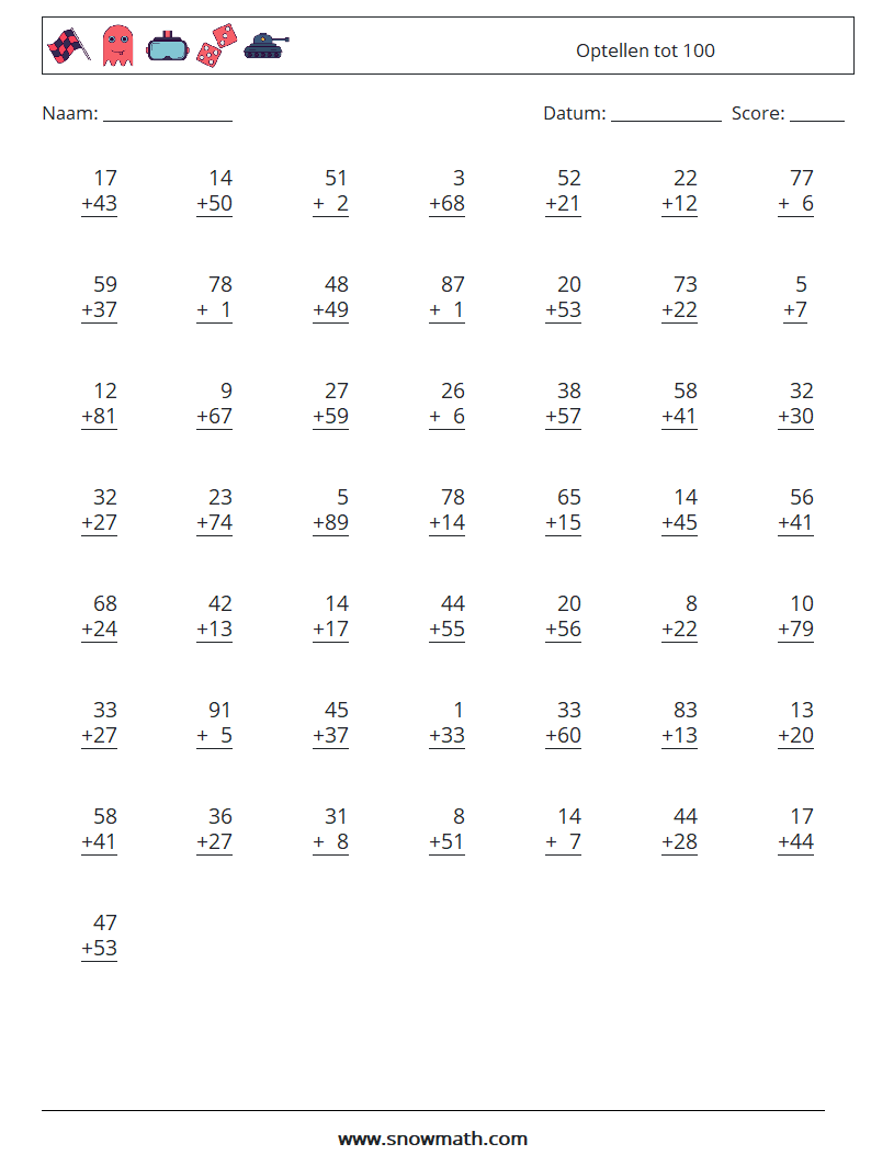(50) Optellen tot 100 Wiskundige werkbladen 17
