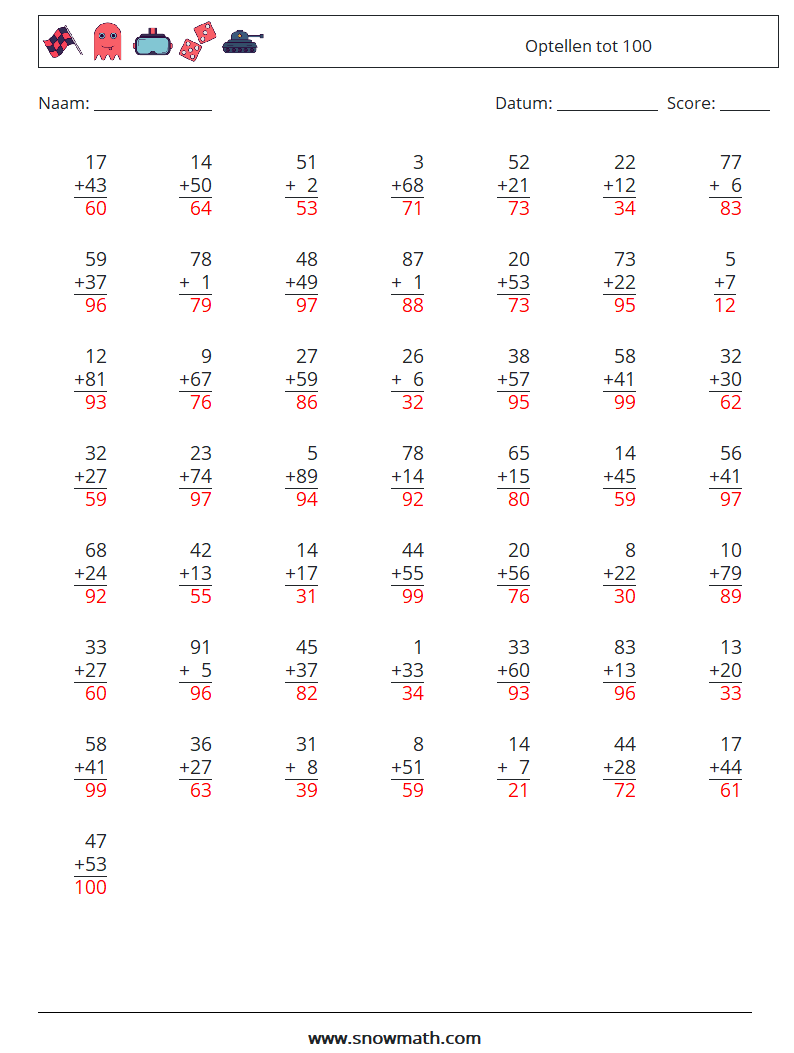 (50) Optellen tot 100 Wiskundige werkbladen 17 Vraag, Antwoord